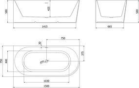 Mexen Silo, rohová voľne stojaca ryhovaná vaňa, ľavá, 150 x 75 cm, biela lesklá, čierny matný prepad, 52891507500L-70