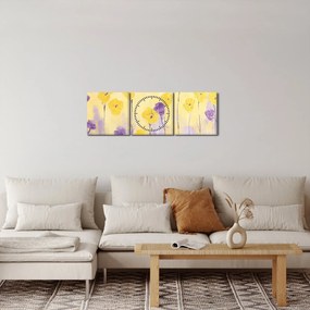 Obraz - Fialové a žlté kvietky (s hodinami) (90x30 cm)
