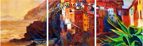 Obraz - Dedina na pobreží Cinque Terre, Talianska riviéra, moderný impresionizmus (s hodinami) (90x30 cm)