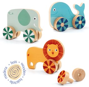 Zvieratá na kolieskach – drevená skrutkovacia hra