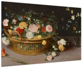 Obraz - Jan Brueghel the Elder, Flowers in a Basket and a Vase, reprodukcia (90x60 cm)