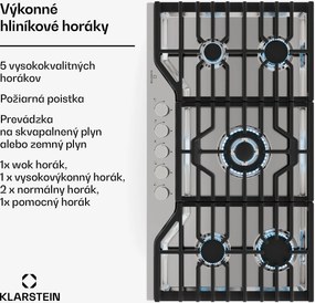 Klarstein Turbocast plynová varná doska, 304 nehrdzavejúca oceľ, 5 horákov, profesionálny liatinový držiak, horák wok