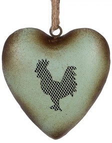 Zelené antik kovové srdce s kohútom Rooster - 14*5*14 cm