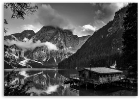 Obraz na plátně, Chata u horského jezera v Alpách - 60x40 cm