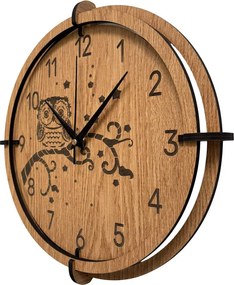 Drevené nástenné hodiny Sova na vetve – dubový dekor, tichý chod | SENTOP HDF0573-OAK