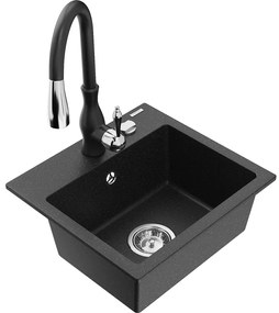 Mexen Milo, 1-komorový granitový drez 435x410x171 mm a drezová batéria Savita, čierna-strieborná metalíza, 6505-73-672601-70