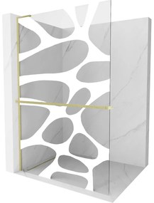 Mexen Kioto+ L, sprchová zástena Walk-In s poličkou a vešiakom 110 x 200 cm, 8mm číre sklo biely vzor, zlatý matný profil, 800-110-123-55-97