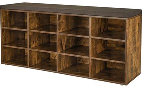 Lavička na topánky, botník s čalúneným sedadlom, 12 priehradiek, rustikálna hnedá farba