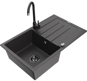 Mexen Bruno, 1-komorový granitový drez s odkvapkávačom 795x495x200 mm a čierna kuchynská batéria Telma, čierna škvrnitá, 6513-76-670200-70-B