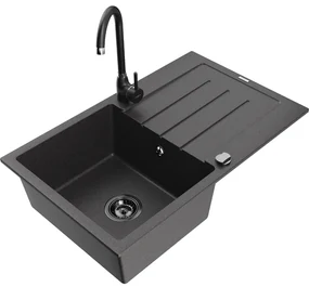 Mexen Bruno, 1-komorový granitový drez s odkvapkávačom 795x495x200 mm a čierna kuchynská batéria Telma, čierna škvrnitá, 6513-76-670200-70-B