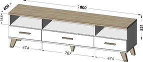 CAMA MEBLE Lotta 180 3S3K tv stolík biela / dub sonoma