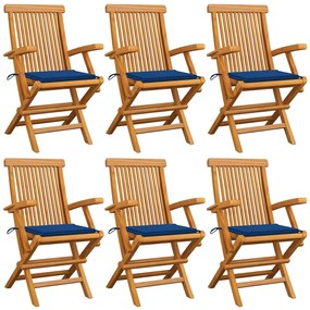 Záhradné stoličky, kráľovsky modré podložky 6 ks, tíkový masív