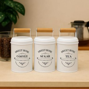 CONFORTIME Súprava 3ks plechových dóz SWEET HOME na čaj, kávu a cukor, viečko s dreveným držadlom