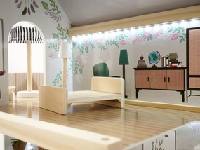 KIK LULILO Floro Boho drevený domček pre bábiky s LED osvetlením a nábytkom, 3-poschodový, 78 cm