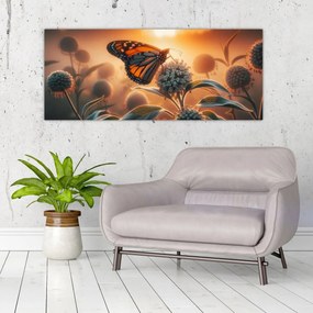 Obraz – Motýľ v zapadajúcom slnku (120x50 cm)