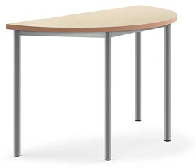 Stôl SONITUS, polkruh, 1200x600x720 mm, linoleum - béžová, strieborná