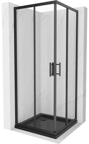 Mexen Rio, štvorcový sprchovací kút s posuvnými dverami 70(dvere) x 70(dvere) x 190 cm, 6mm číre sklo námraza, čierny profil + čierna sprchová vanička SLIM, 860-070-070-70-00-4070B