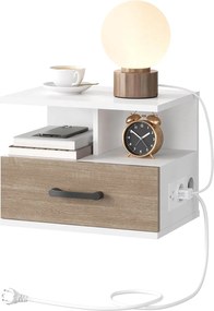 Závesný nočný stolík Verimi s nabíjacou stanicou 38 cm biely/hnedý