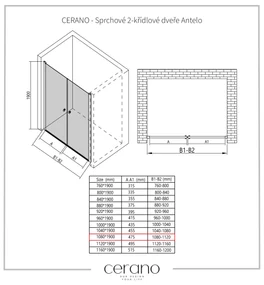 Cerano Antelo, 2-krídlové sprchové dvere 108x190 cm, 6mm číre sklo, čierny profil, CER-CER-432364