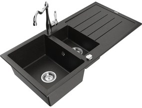 Mexen Andres, granitový drez 1000x500x200 mm, 1,5-komorový a drezová batéria Carla, čierna-zlatá metalíza, 6515-75-670700-00