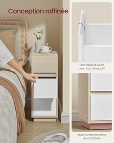 Úzky nočný stolík, 2 zásuvky, otvorený priestor, 30 x 25 x 65 cm, prírodná a biela farba