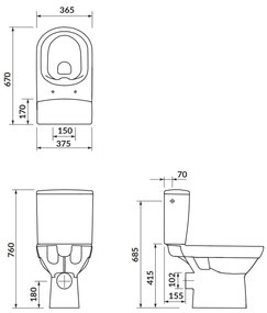 Cersanit CITY - WC kombi + antibakteriálne sedátko s funkciou pomalého zatvárania, horizontálny odpad, prívod vody zospodu, K35-036