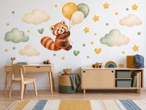 Panda červená s balónikmi horčicové a šalviové akvarelové nálepky na stenu pre deti arch 46 x 35 cm