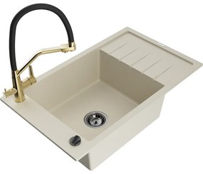 Mexen Elias, 1-komorový granitový drez 795x480x200 mm a drezová batéria Duo, béžová, 6511-69-671701-57-B