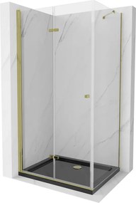 Mexen Lima, sprchový kút so skladacími dverami 100 (dvere) x 80 (stena) cm, 6mm číre sklo, chrómový profil + slim sprchová vanička čierna + zlatý sifón, 856-100-080-50-00-4070G