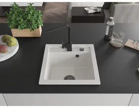 Mexen Vito, 1-komorový granitový drez 520x490x210 mm, čierna batéria Rita, biela, 6503-20-670300-70