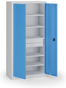 Policová dielenská skriňa 2-dverová, 5 políc + 2 zásuvky, 1950 × 950 × 500 mm, modré dvere