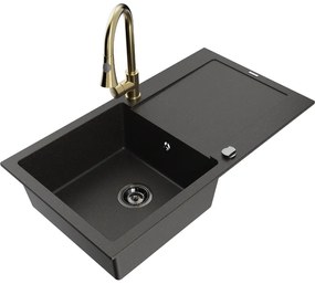 Mexen Leo, 1-komorový granitový drez 900x500x190 mm a drezová batéria Elia, čierna-zlatá metalíza, 6501-75-670101-50-B
