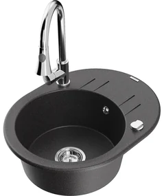 Mexen Kevin, 1-komorový granitový drez 586x458x190 mm a drezová batéria Elia, čierna škvrnitá, 6517-76-670101-00