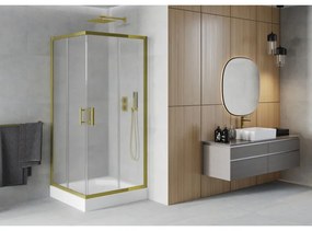 Mexen Rio, štvorcový sprchovací kút s posuvnými dverami 90(dvere) x 90(dvere) x 190 cm, 6mm sklo námraza, zlatý profil + biela sprchová vanička RIO, 860-090-090-50-30-4510