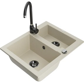 Mexen Carlos, granitový drez 582x475x177 mm, 1,5-komorový a čierna drezová batéria Telma, béžová, 6518-69-670200-70