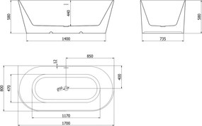 Mexen Oval Slim, voľne stojaca vaňa ku stene 170 x 80 cm, biela lesklá, zlatý matný prepad, 52661708000-55