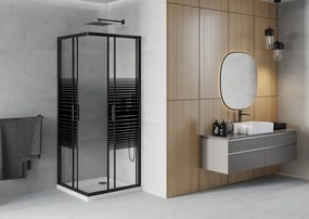 Mexen Rio, štvorcový sprchovací kút s posuvnými dverami 70(dvere) x 70(dvere) x 190 cm, 6mm číre sklo s pásikmi, čierny profil + biela sprchová vanička SLIM, 860-070-070-70-20-4010B