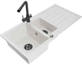 Mexen Andres, granitový drez 1000x500x200 mm, 1,5-komorový + čierna batéria Duero, biela, 6515-20-671600-70