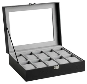 Box na hodinky so skleneným krytom, krabica pre 10 hodiniek, čierna farba