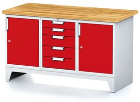 Alfa 3 Dielenský stôl MECHANIC I, 2 skrinky a zásuvkový box na náradie, 5 zásuviek, 1500x685x880 mm, červené dvere