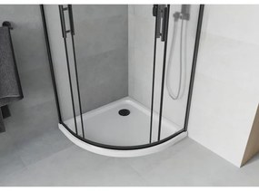 Mexen Rio, štvrťkruhový sprchovací kút s posuvnými dverami 90(dvere) x 90(dvere) x 190 cm, 6mm sklo námraza, čierny profil + biela sprchová vanička SLIM, 863-090-090-70-30-4110B