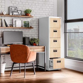 Kovová kartotéka, 5 zásuviek SARA V5, 460 x 1630 x 620 mm, Eco Design: biela/ dub sonoma