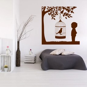Veselá Stena Samolepka Vtáčik v klietke na strome Farba: hnedá, Veľkosť: 60 x 60 cm