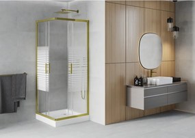 Mexen Rio, štvorcový sprchovací kút s posuvnými dverami 70(dvere) x 70(dvere) x 190 cm, 6mm číre sklo s pásikmi, zlatý profil + biela sprchová vanička RIO, 860-070-070-50-20-4510