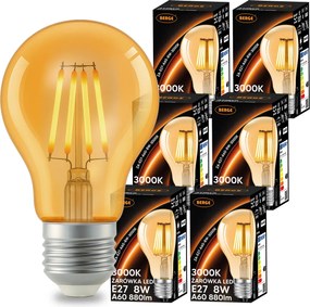 6x LED žiarovka E27 a60 8W 880lm 3000k teplá jantárová sada s filamentom