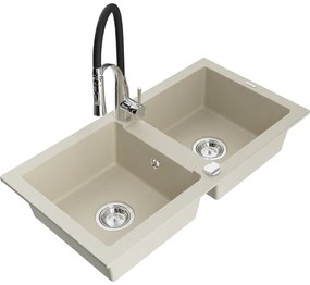 Mexen Mario, granitový drez 820x436x161 mm, 2-komorový a drezová batéria Aster, béžová, 6504-69-73450-07