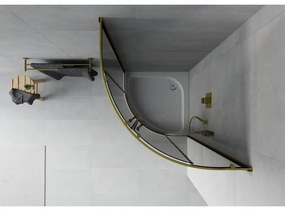 Mexen Rio, štvrťkruhový sprchovací kút s posuvnými dverami 70(dvere) x 70(dvere) x 190 cm, 6mm šedé sklo, zlatý profil + biela sprchová vanička RIO, 863-070-070-50-0-4710
