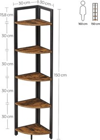 Rohová knižnica, regál 5-úrovňový, rustikálny hnedý