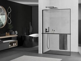 Mexen Kioto+ L, sprchová zástena Walk-In s poličkou a vešiakom 70 x 200 cm, 8mm číre sklo čierny vzor, čierny profil, 800-070-123-70-70
