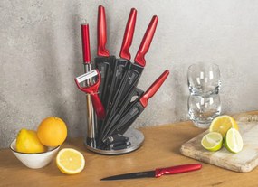 8 dielna sada nožov v otočnom stojane v červeno čiernej farbe